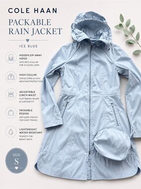 Cole Haan Ice Blue Packable Hooded Rain Jacket Coat Sz Small